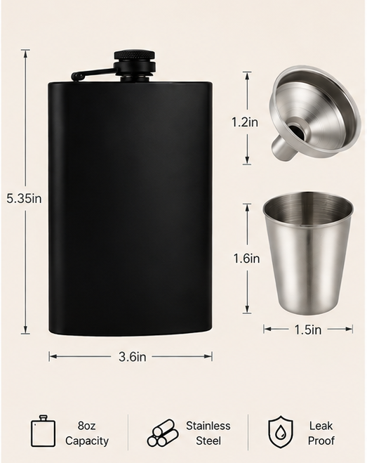 Matte Black 8oz Stainless Steel Flask